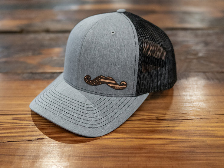 Grey Leather Stache Hat
